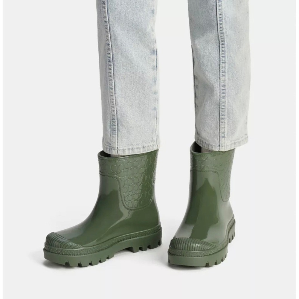 Coach Millie Rubber Rain Boots Army Green Signature C Lug Sole Platform Womens 8